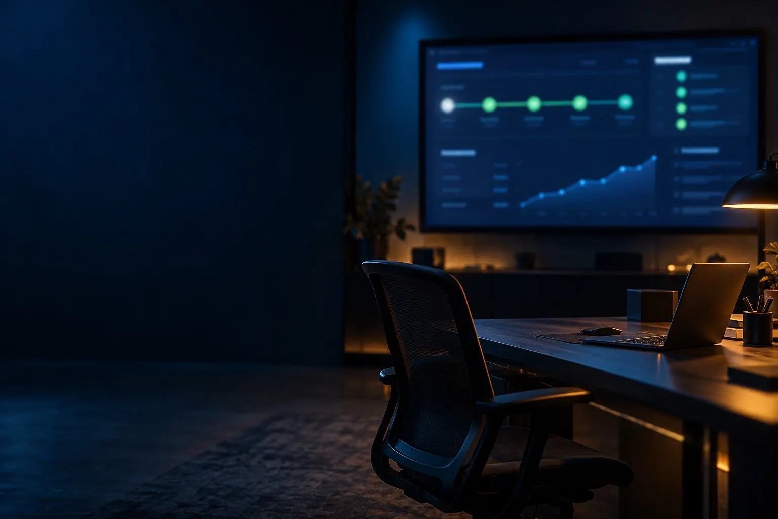 A dark operations room with a release pipeline and a graph on the wall screen