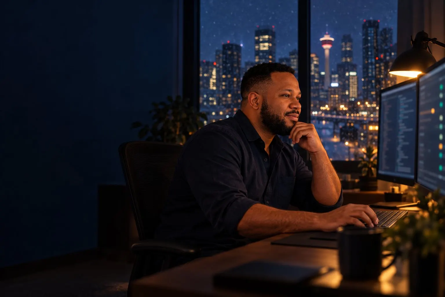 Johnson working late at his desk in Calgary, the skyline in the snow behind him