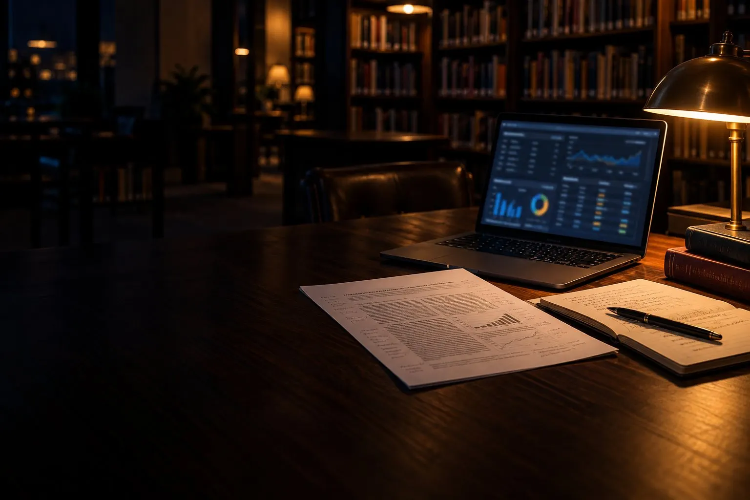 A research paper with handwritten notes and a laptop showing charts on a library desk at night