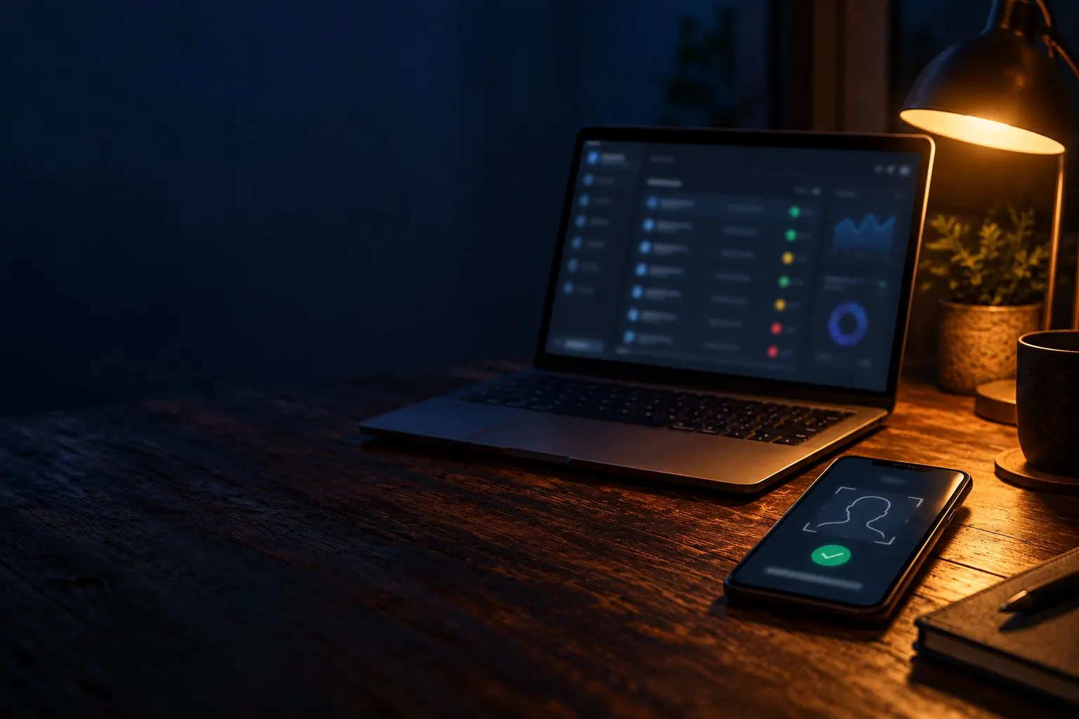 A phone showing an identity check beside a laptop dashboard on a desk at night