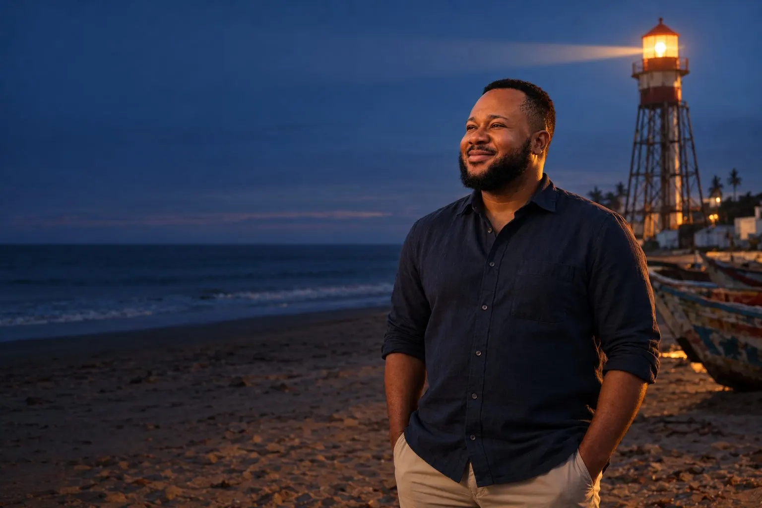Johnson Nuviadenu on the beach at Woe at dusk, the lighthouse lit behind him