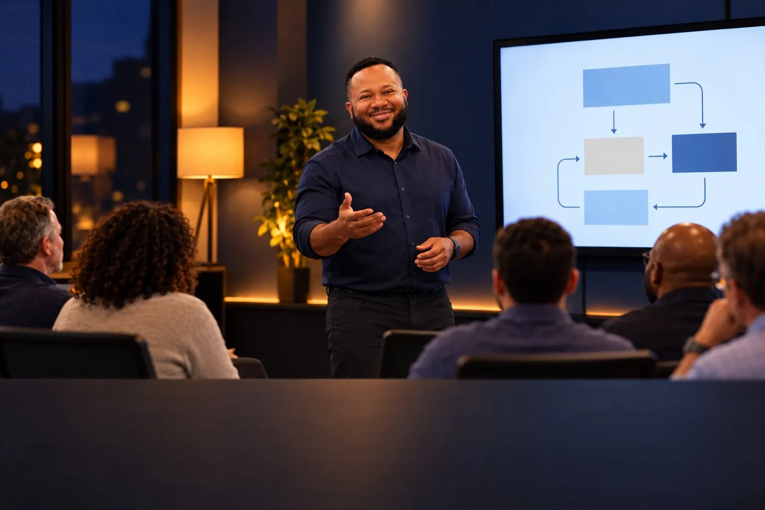 Johnson teaching a small class of professionals