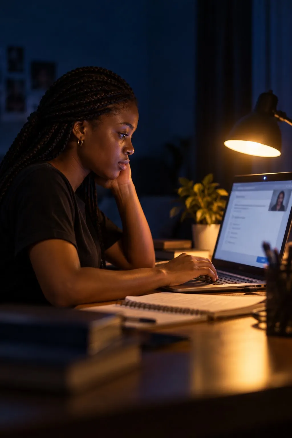 A student taking an online exam on a laptop at night, the webcam on