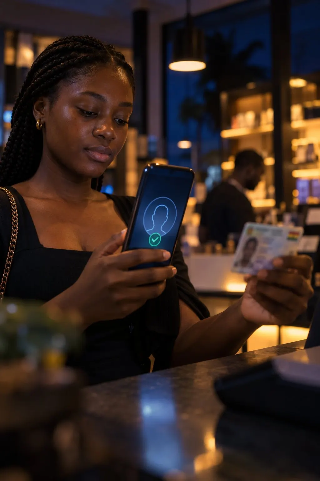 A woman at a shop counter in Accra scanning her ID card on her phone