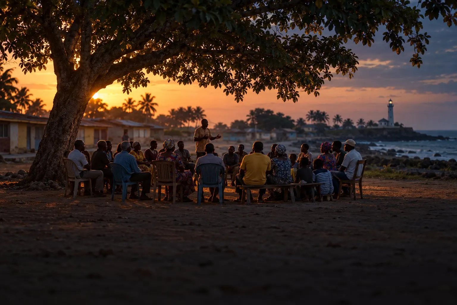 A community meeting under a shade tree in Woe at sunset