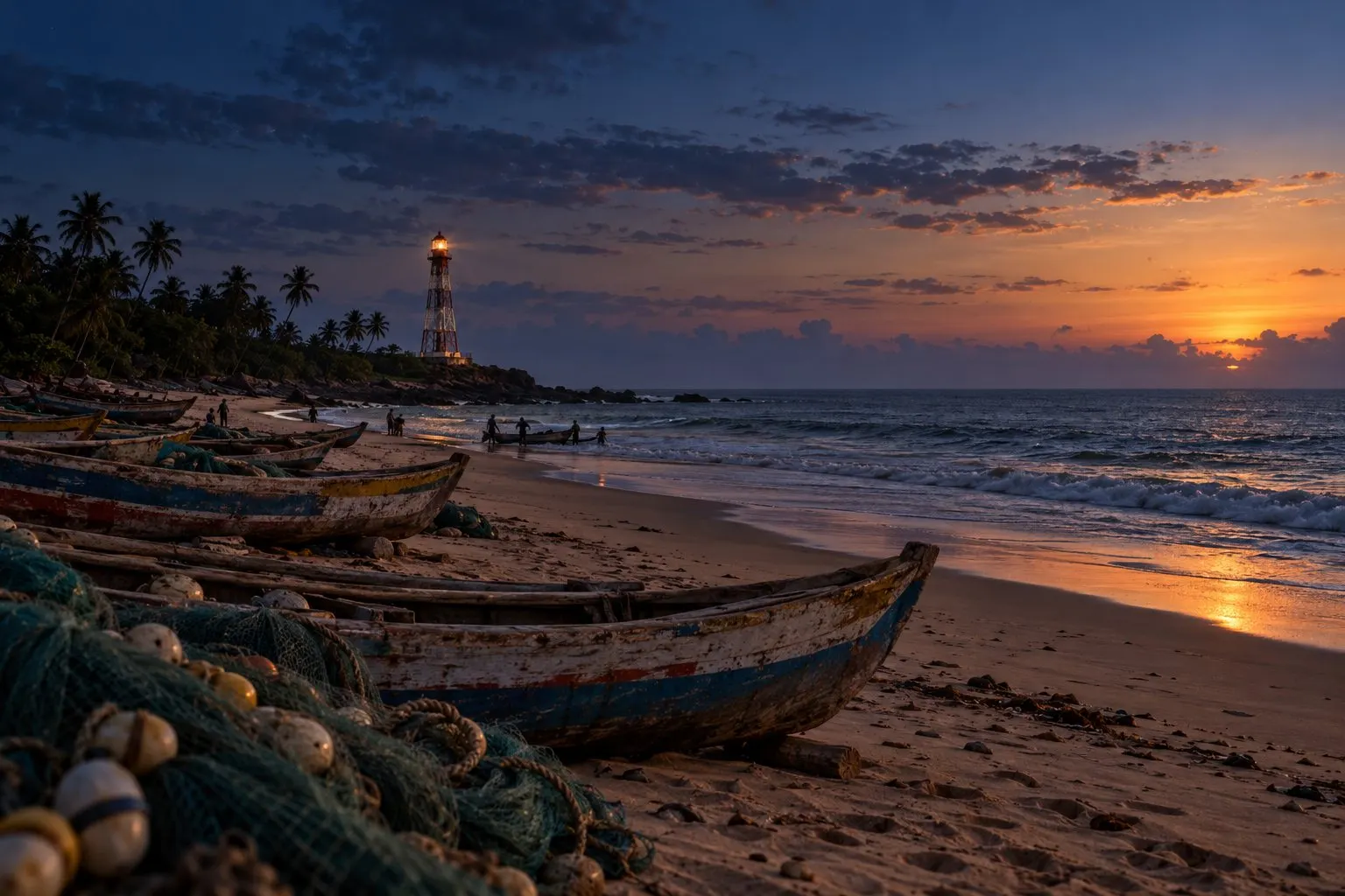 Fishing canoes and nets on the beach at Woe at first light, the lighthouse on the point